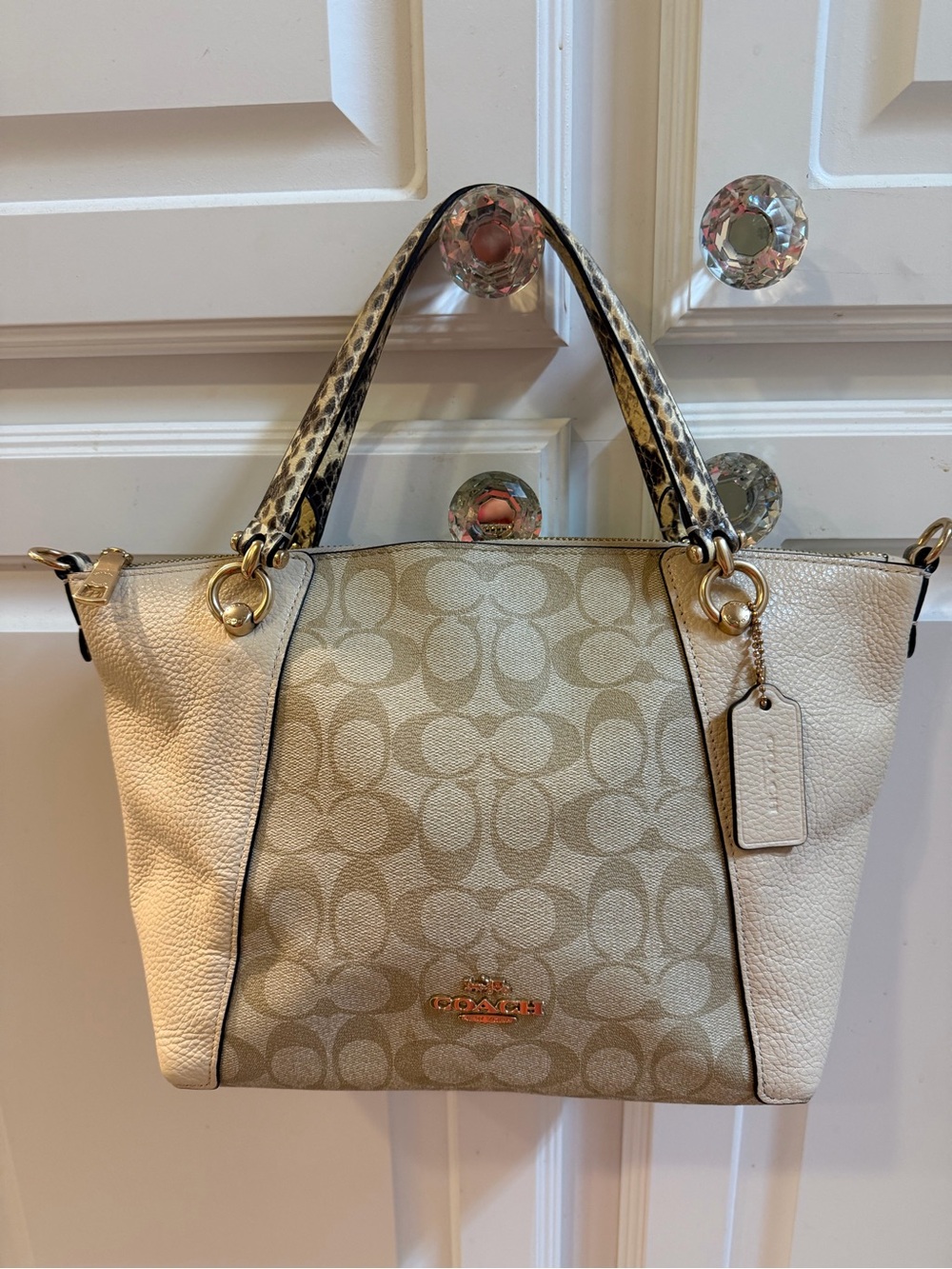 Coach Kacey Signature Color-Block with Snakeskin Handles.